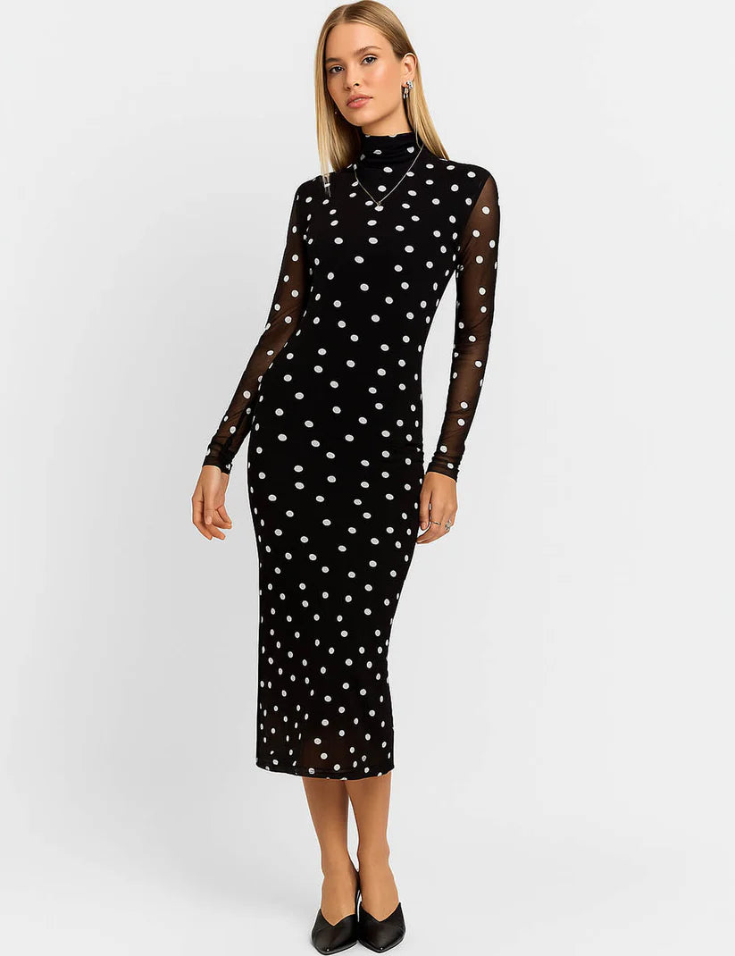 Ladies Polka Dot Slip Lining Sheer Mesh Maxi Dress