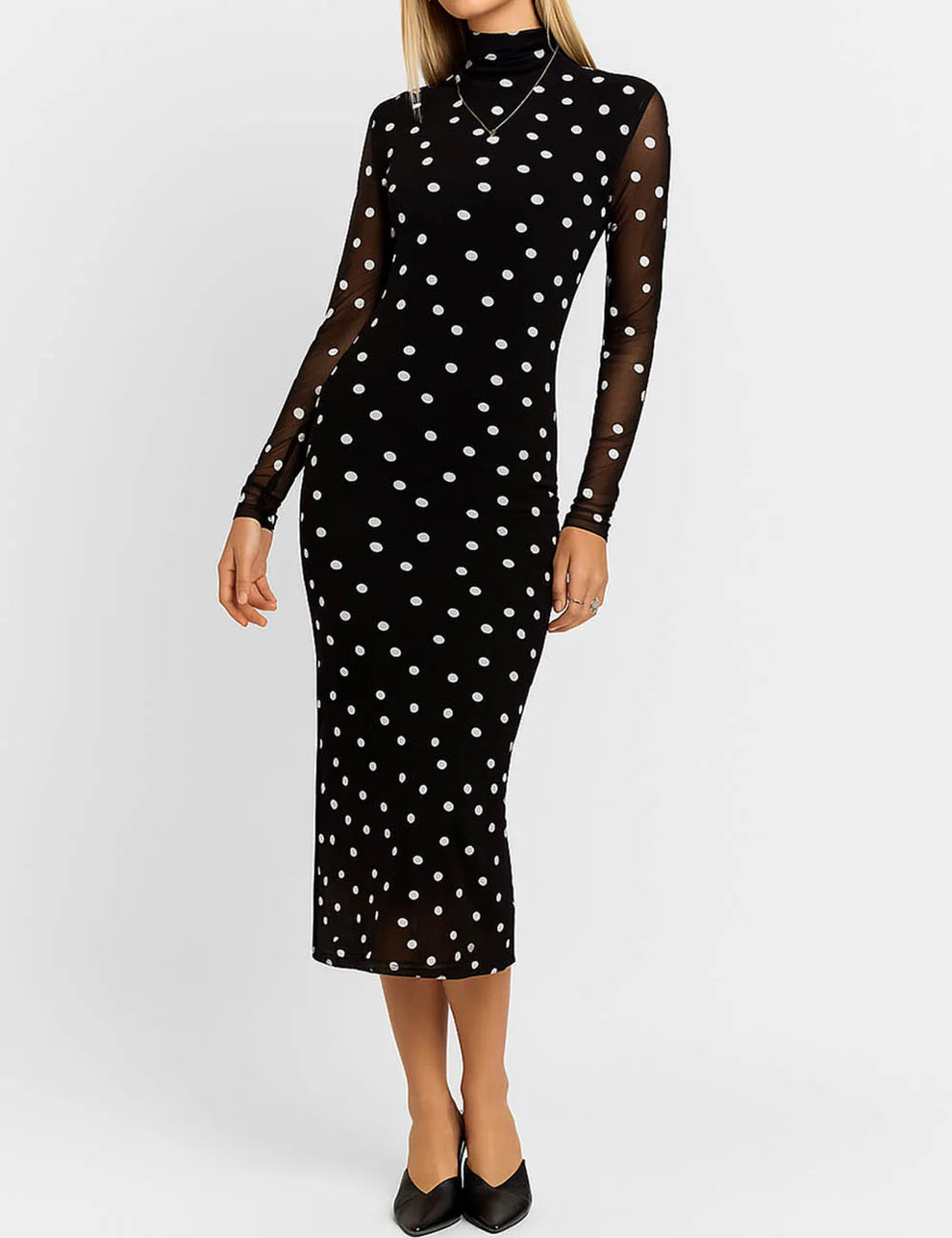 Ladies Polka Dot Slip Lining Sheer Mesh Maxi Dress（副本）