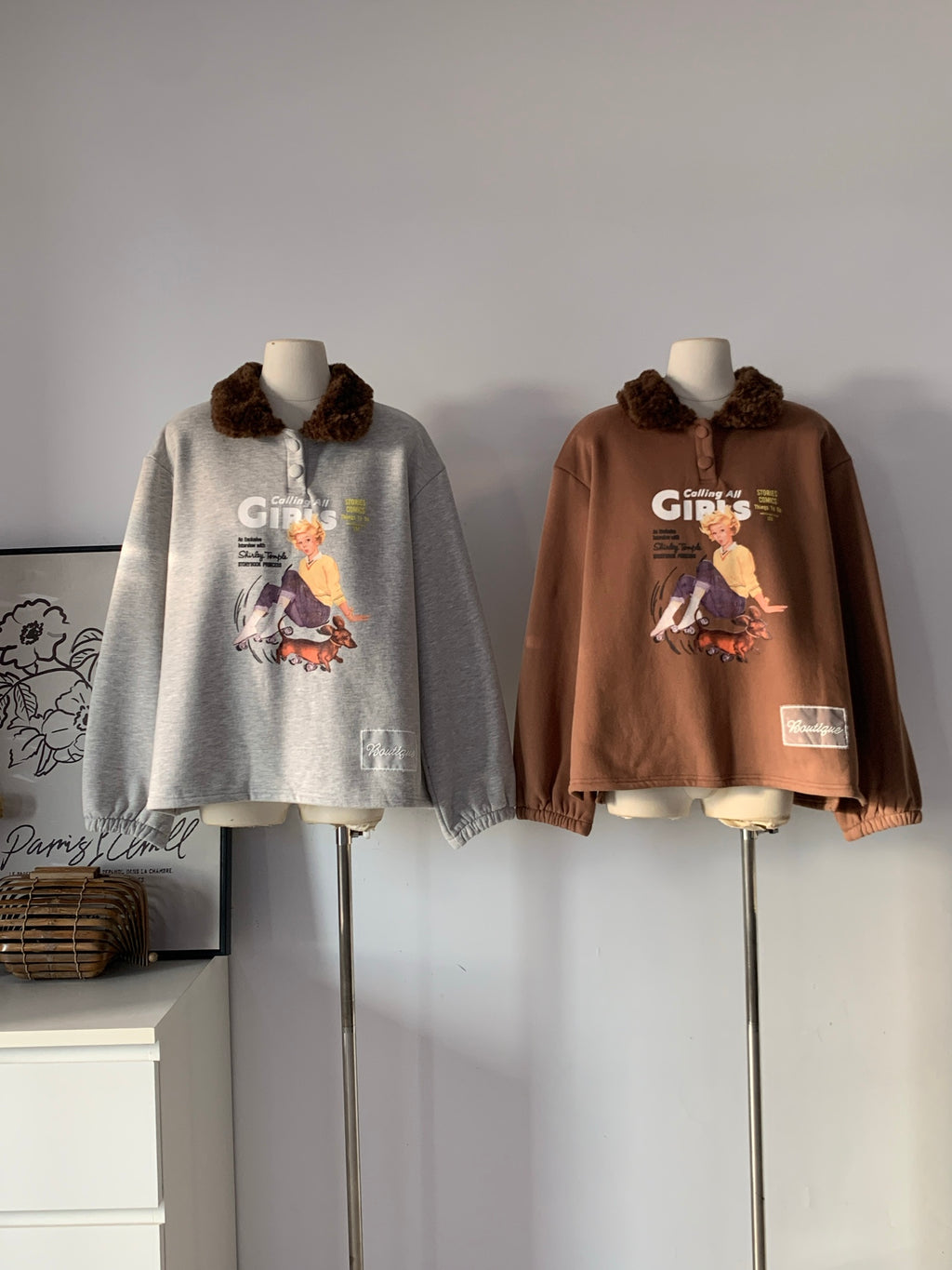 Ladies Faux Fur Collar Retro Print Oversized Pullover