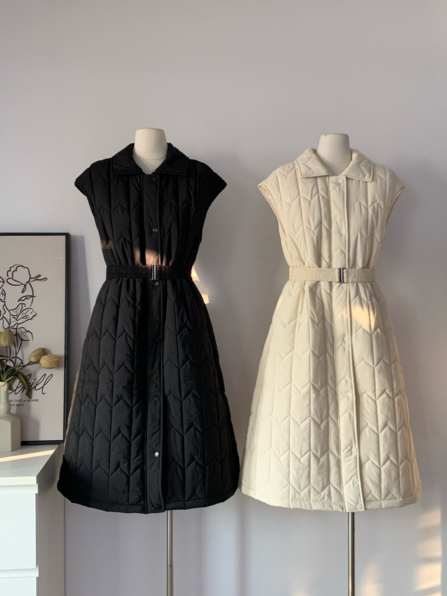 Women's Diamond Quilted Padded Sleeveless Midi Dress with Removable Faux Fur Collar