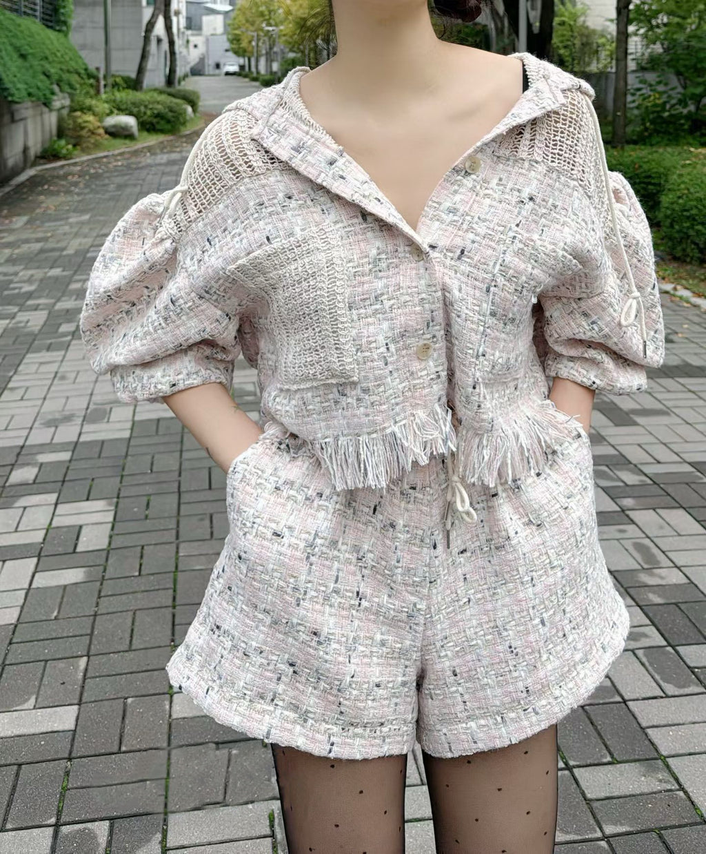 Korean-style tweed cropped jacket + casual shorts