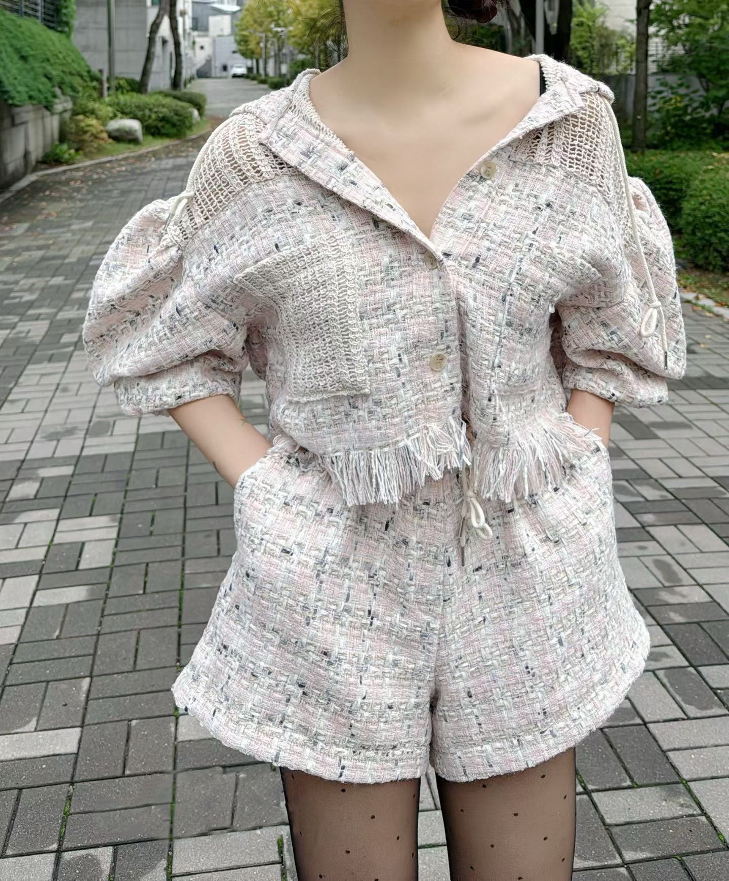Korean-style tweed cropped jacket + casual shorts
