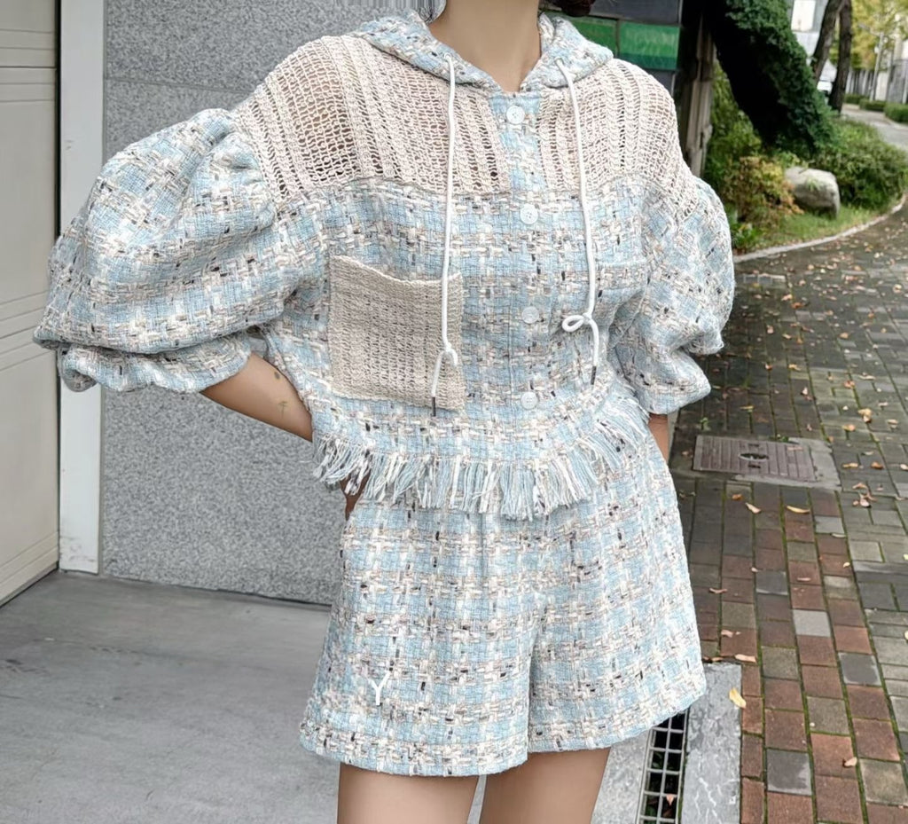 Korean-style tweed cropped jacket + casual shorts