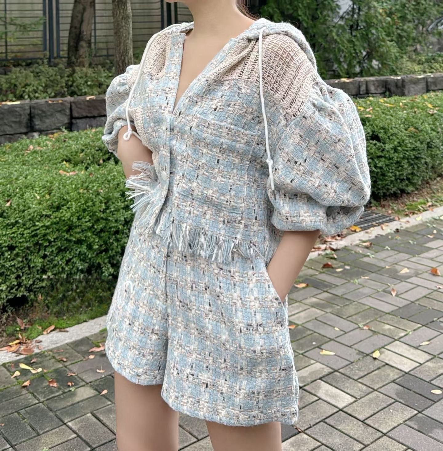 Korean-style tweed cropped jacket + casual shorts