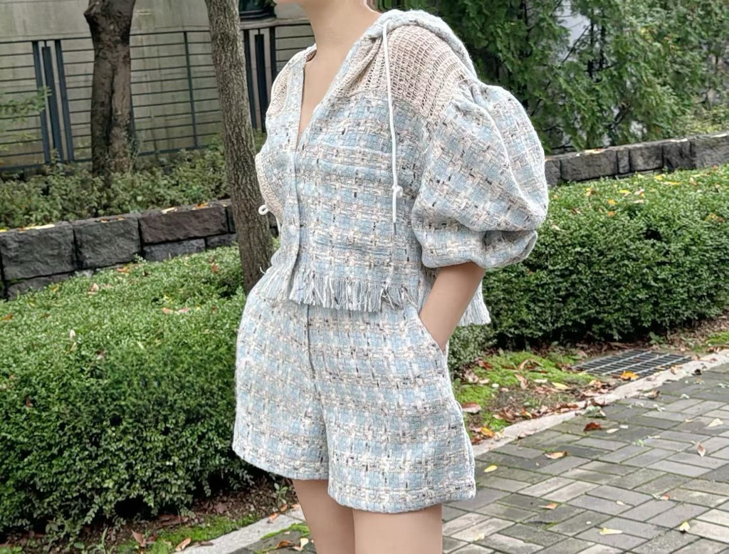 Korean-style tweed cropped jacket + casual shorts