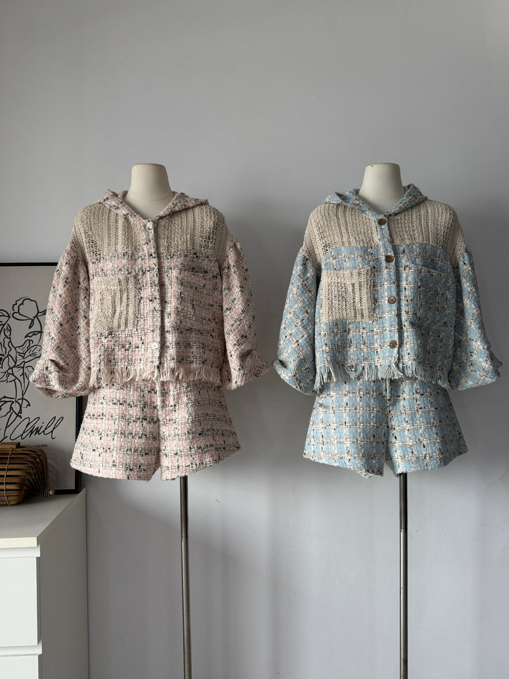 Korean-style tweed cropped jacket + casual shorts