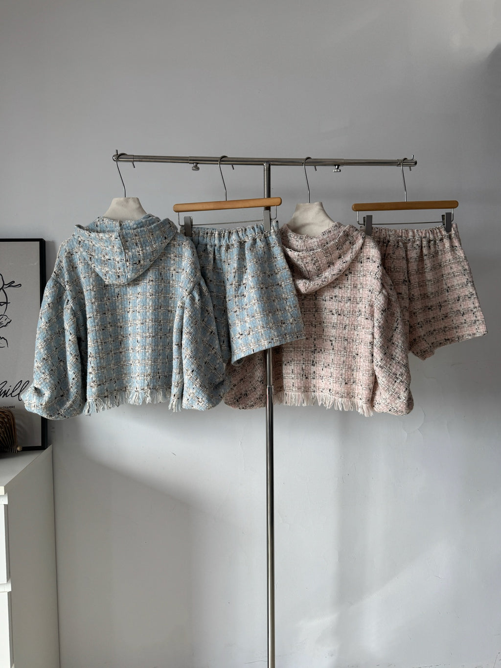 Korean-style tweed cropped jacket + casual shorts