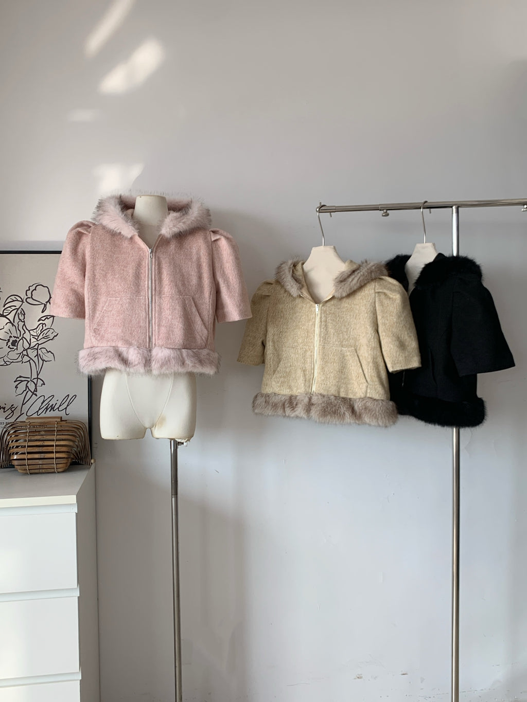 Ladies Faux Fur Trim Hooded Cropped Coat (Three Colors Available)