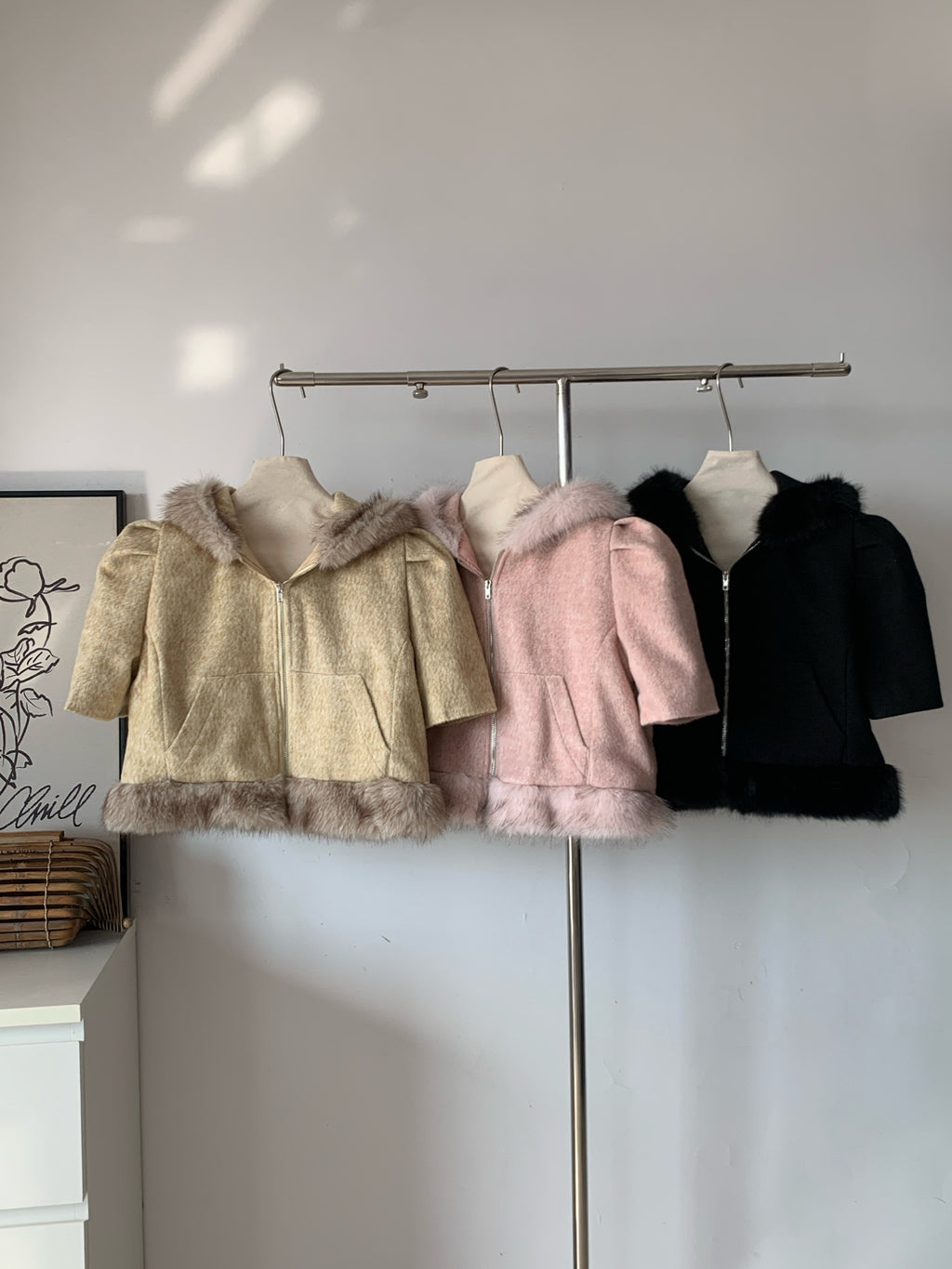 Ladies Faux Fur Trim Hooded Cropped Coat (Three Colors Available)