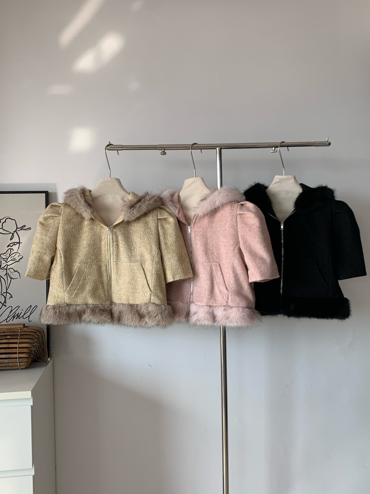 Ladies Faux Fur Trim Hooded Cropped Coat (Three Colors Available)