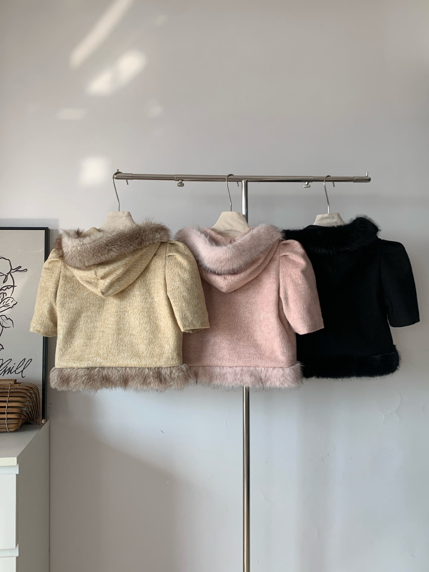 Ladies Faux Fur Trim Hooded Cropped Coat (Three Colors Available)