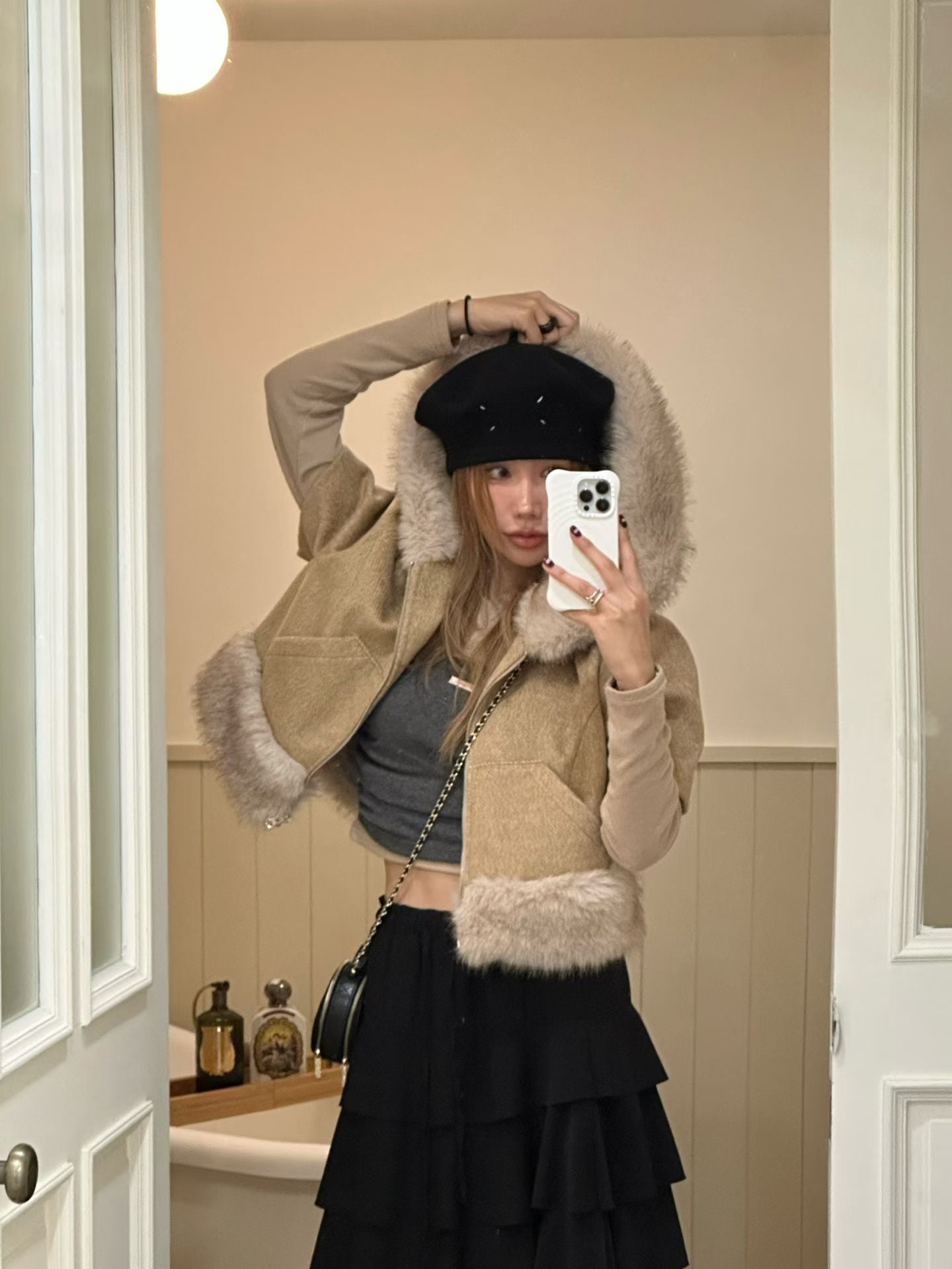 Ladies Faux Fur Trim Hooded Cropped Coat (Three Colors Available)