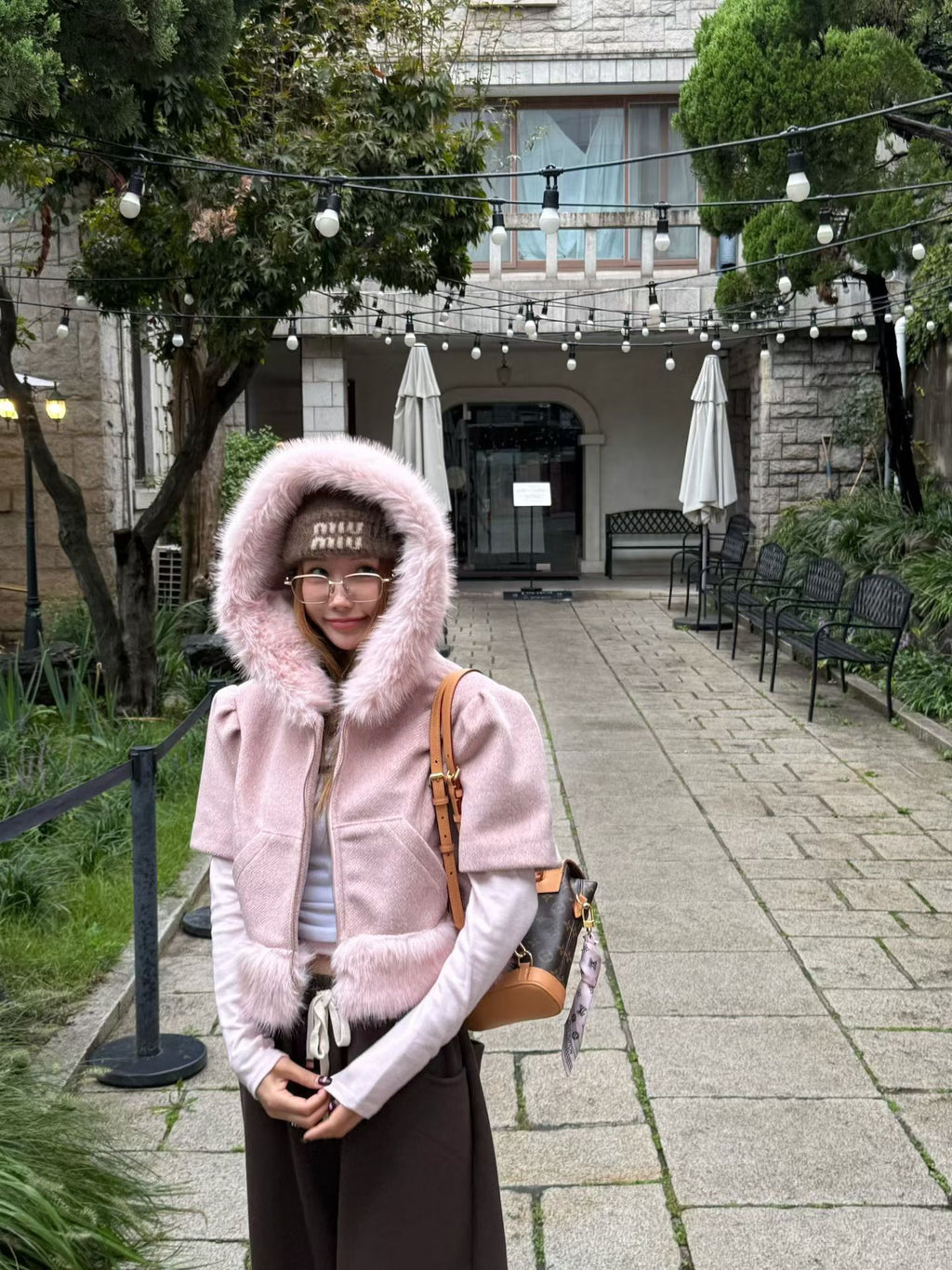 Ladies Faux Fur Trim Hooded Cropped Coat (Three Colors Available)