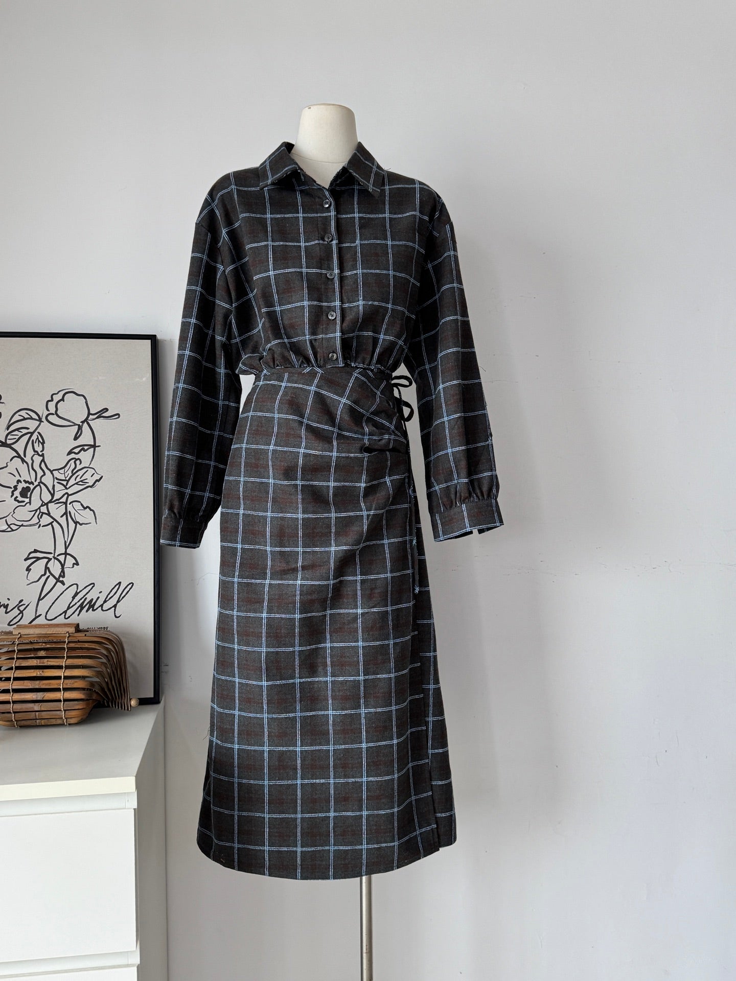 Ladies Plaid Shirt Waist Drawstring Long Dress