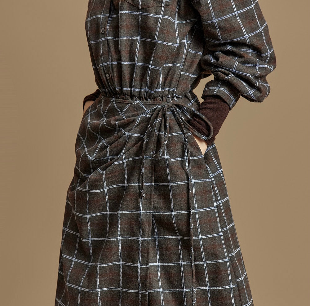 Ladies Plaid Shirt Waist Drawstring Long Dress
