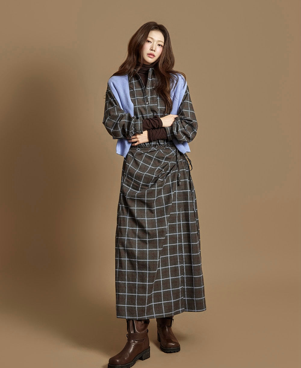 Ladies Plaid Shirt Waist Drawstring Long Dress