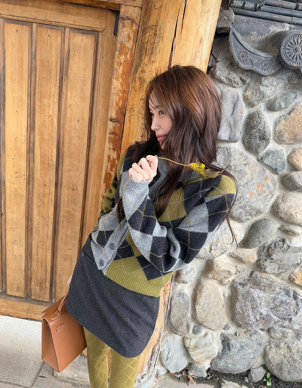 Ladies Argyle Pattern Knit Cardigan