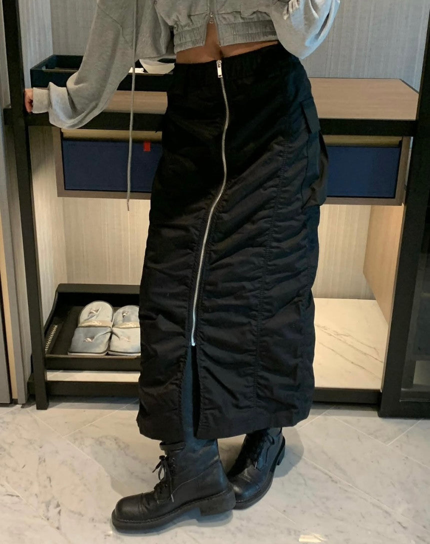 Women's Black/Olive Green Pleated Cargo Long Skirt