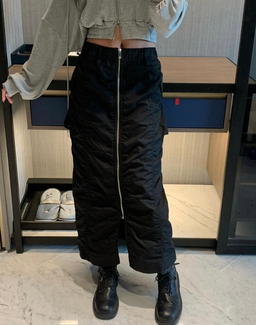 Women's Black/Olive Green Pleated Cargo Long Skirt