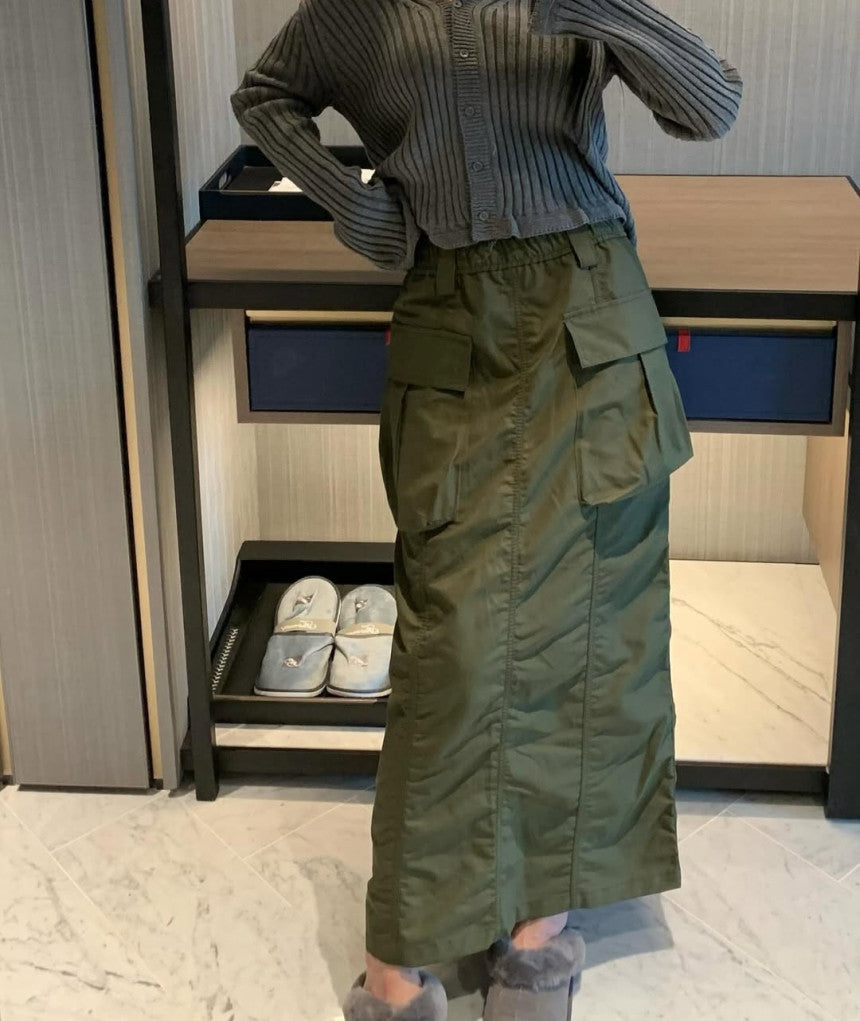 Women's Black/Olive Green Pleated Cargo Long Skirt