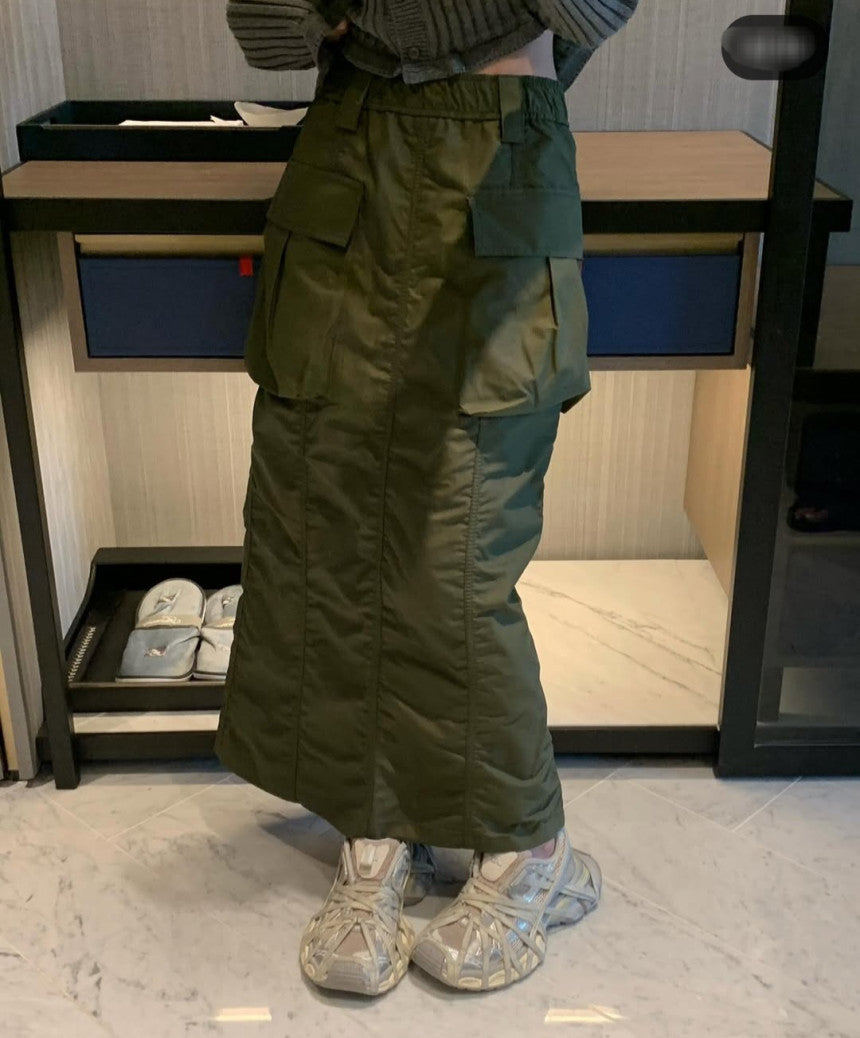 Women's Black/Olive Green Pleated Cargo Long Skirt