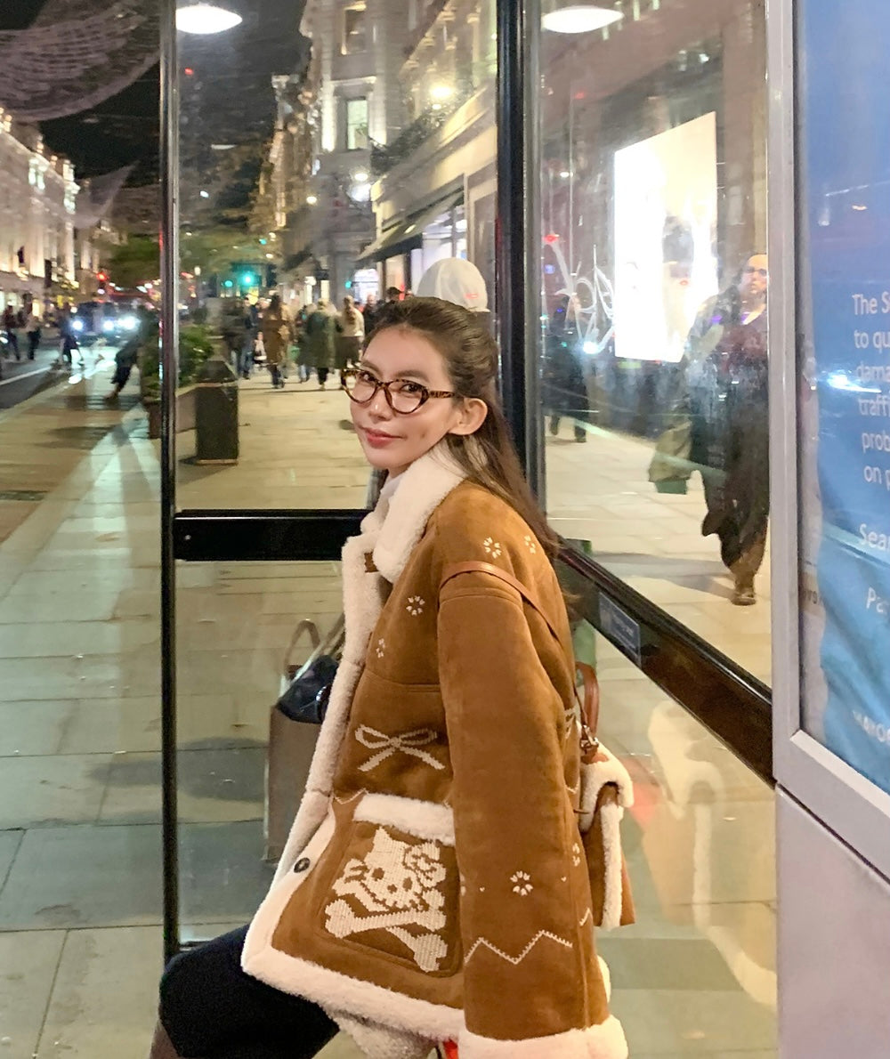 Women's Brown Suede Shearling Coat with Embroidery Details