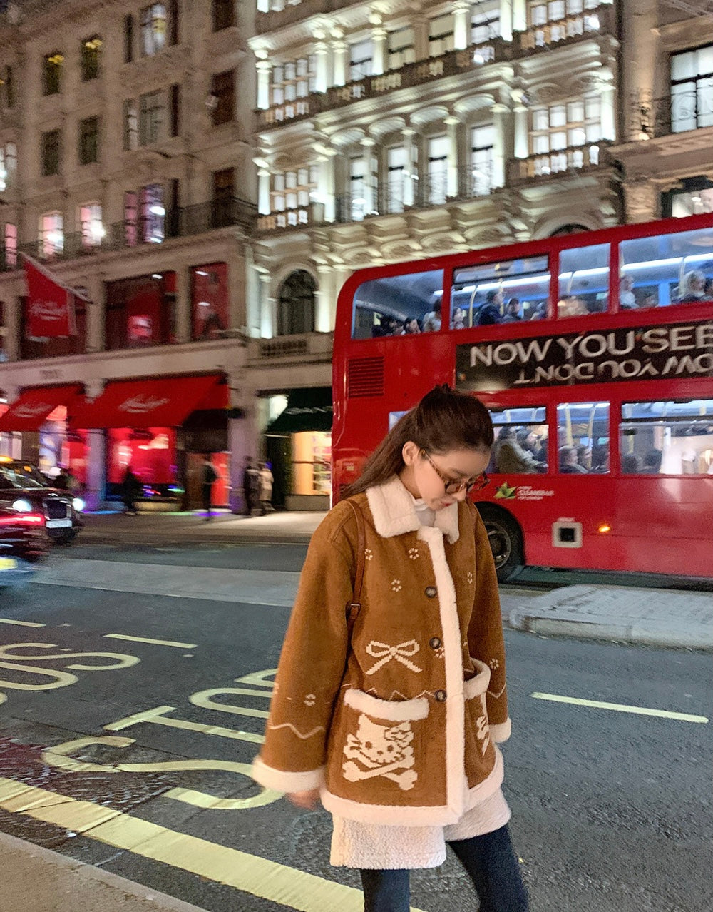 Women's Brown Suede Shearling Coat with Embroidery Details