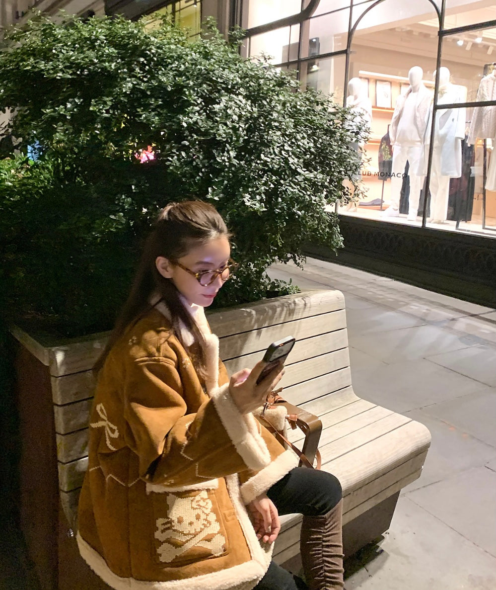 Women's Brown Suede Shearling Coat with Embroidery Details