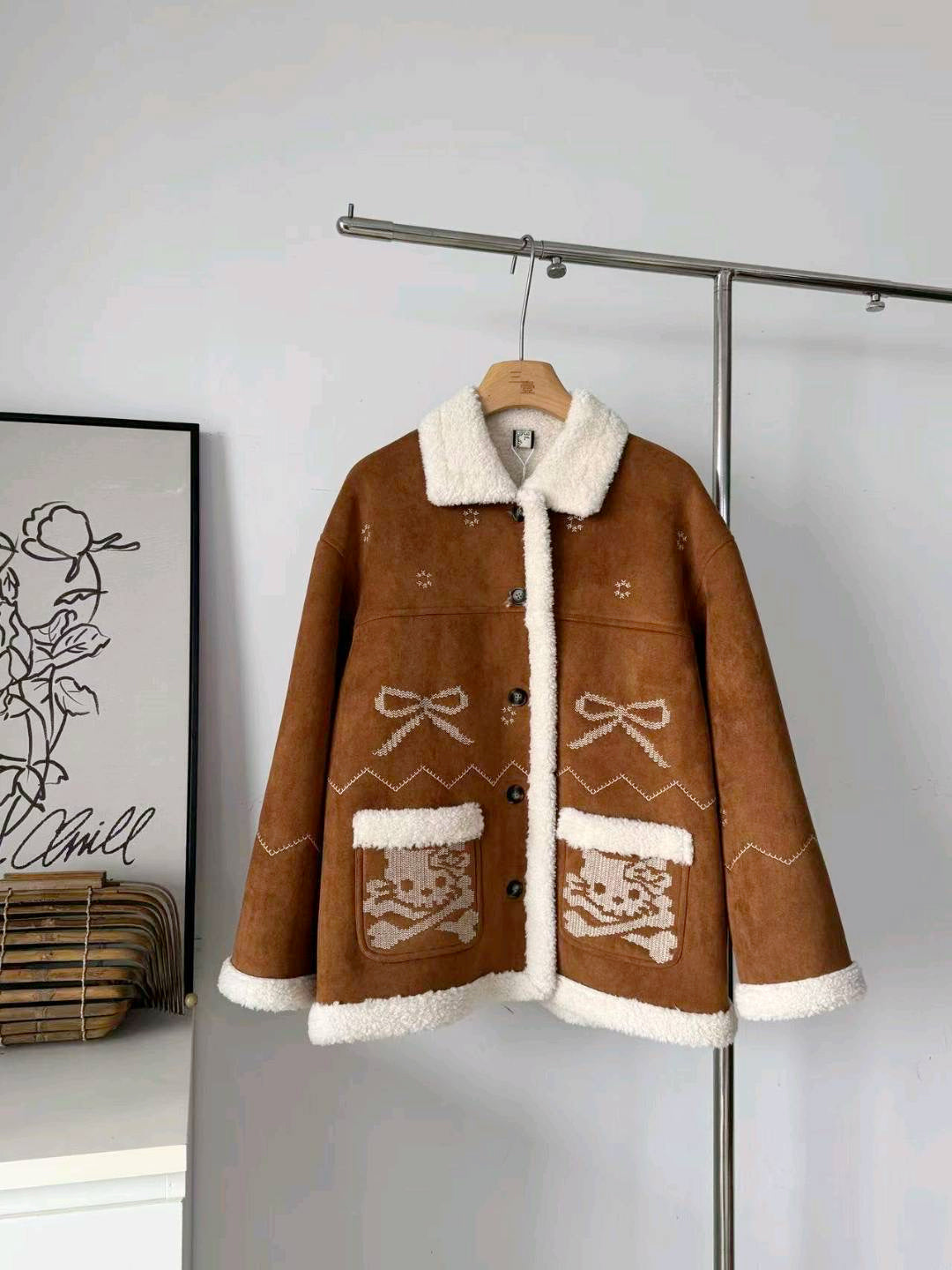 Women's Brown Suede Shearling Coat with Embroidery Details
