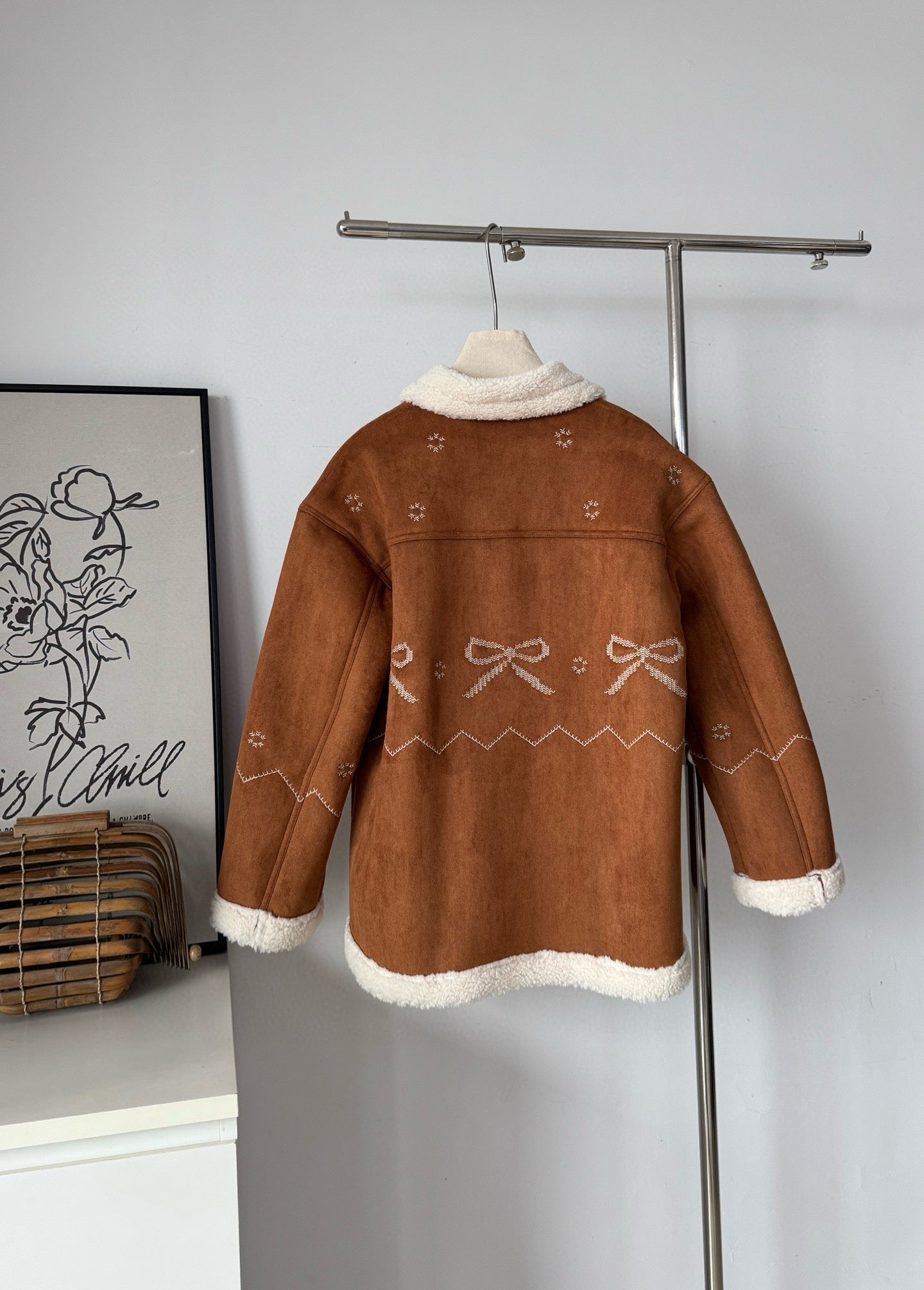 Women's Brown Suede Shearling Coat with Embroidery Details