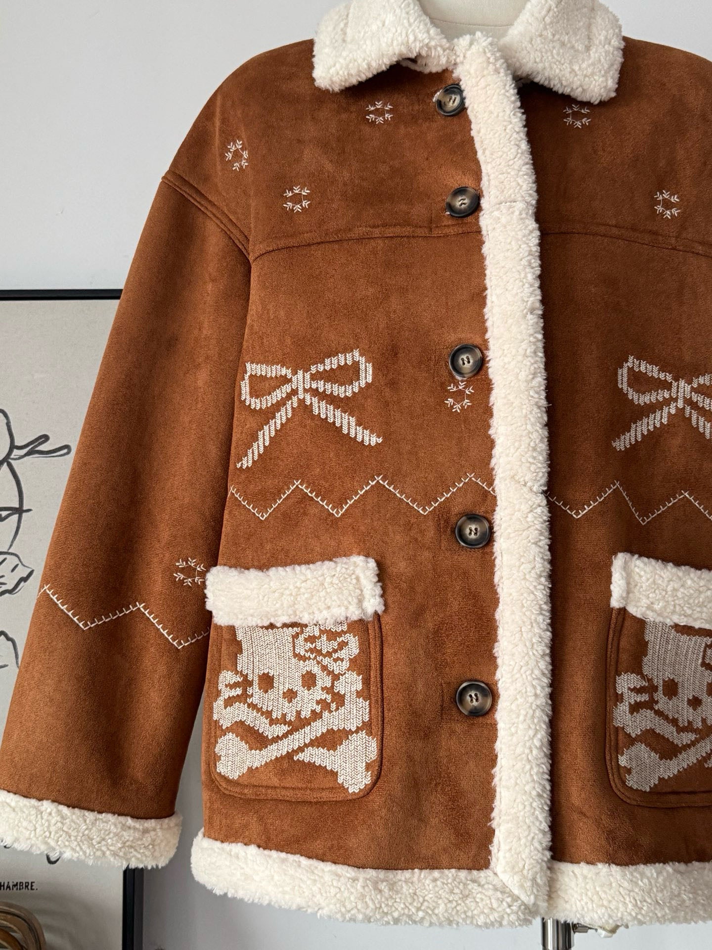 Women's Brown Suede Shearling Coat with Embroidery Details