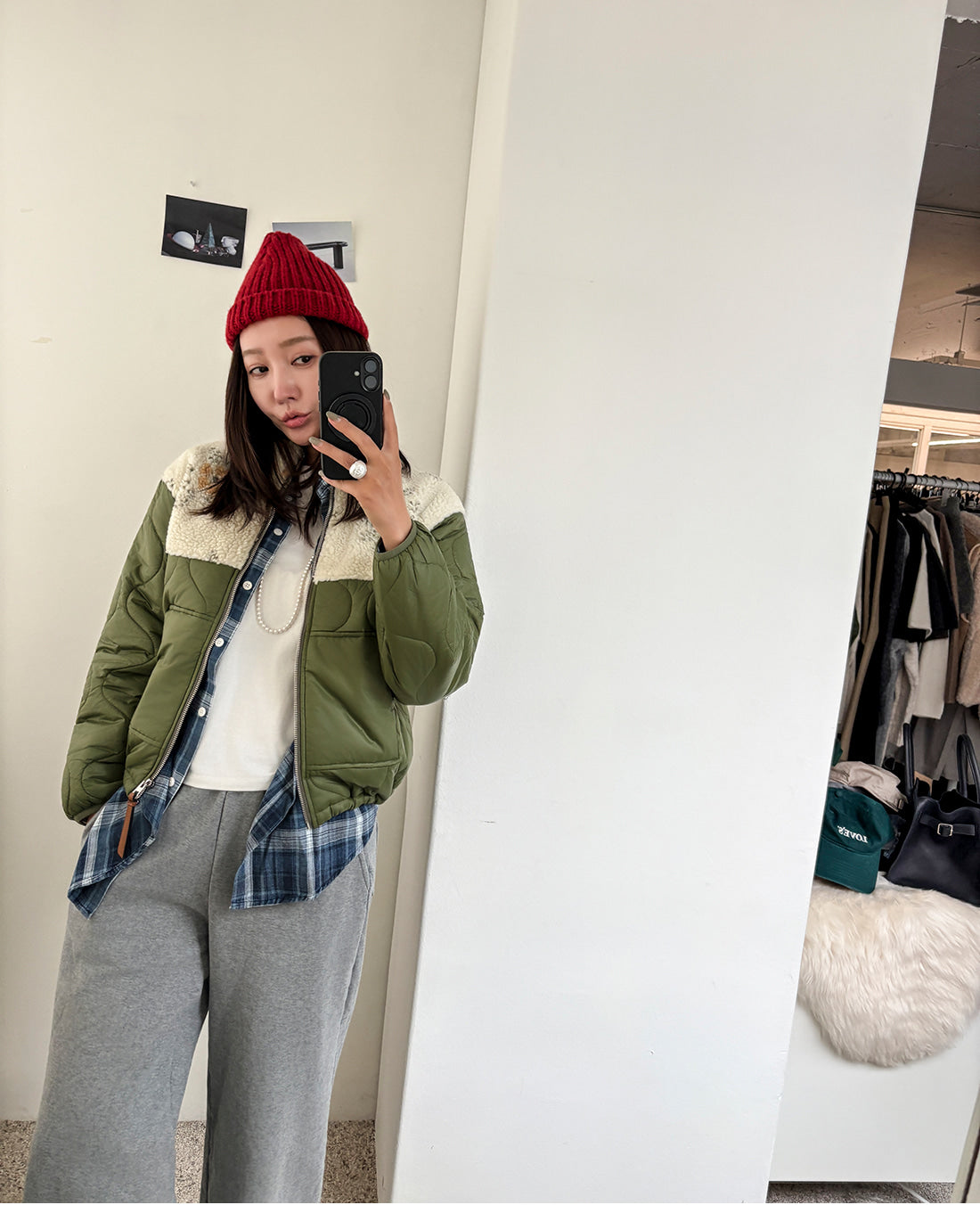 Women's Olive Green Quilted Jacket with Floral Shearling Panel