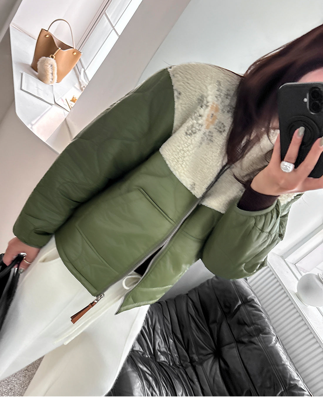 Women's Olive Green Quilted Jacket with Floral Shearling Panel