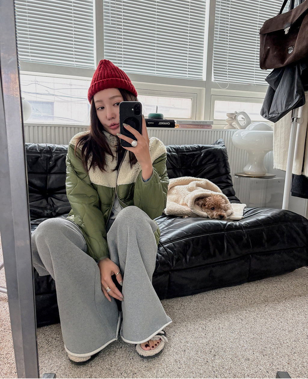Women's Olive Green Quilted Jacket with Floral Shearling Panel