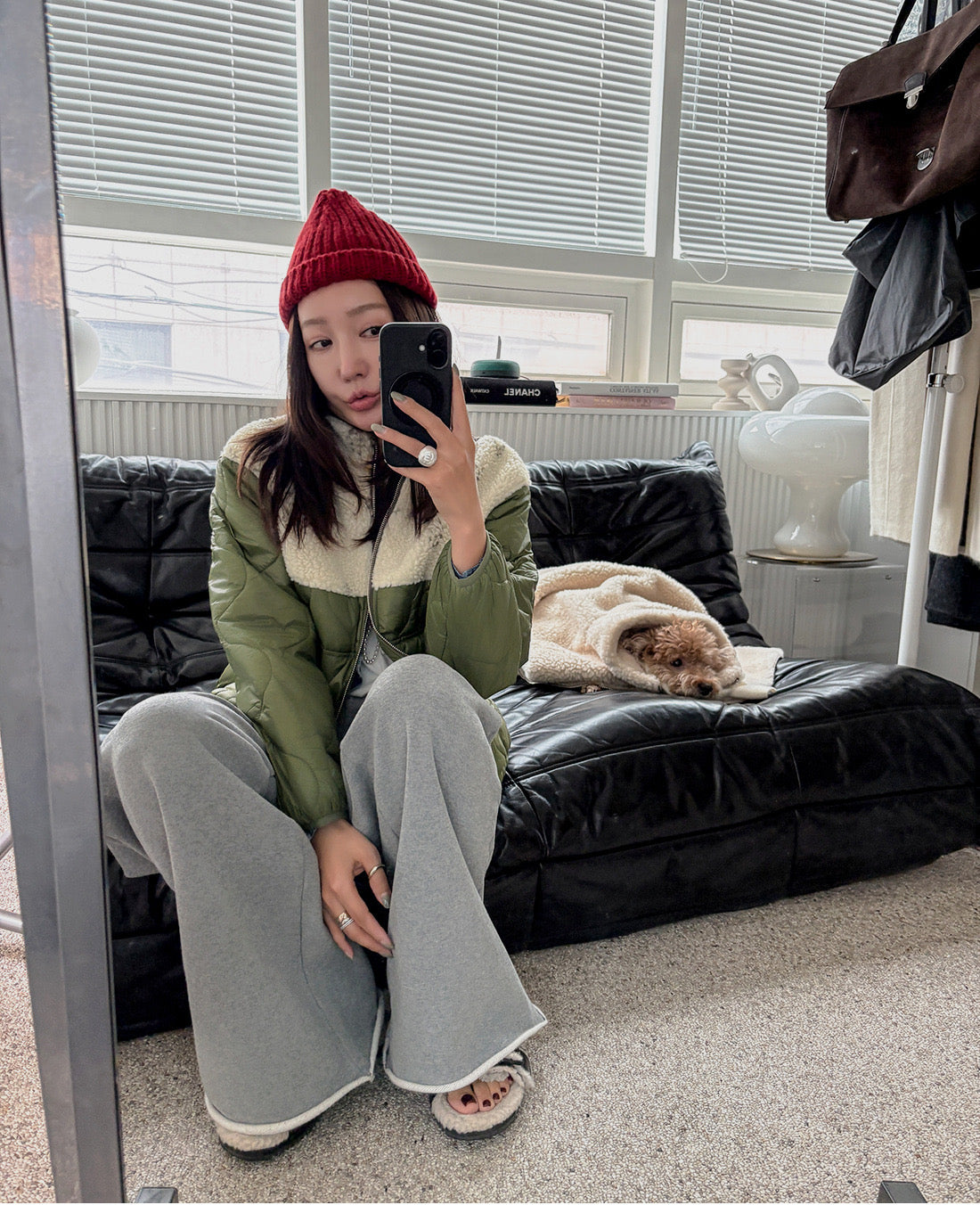 Women's Olive Green Quilted Jacket with Floral Shearling Panel