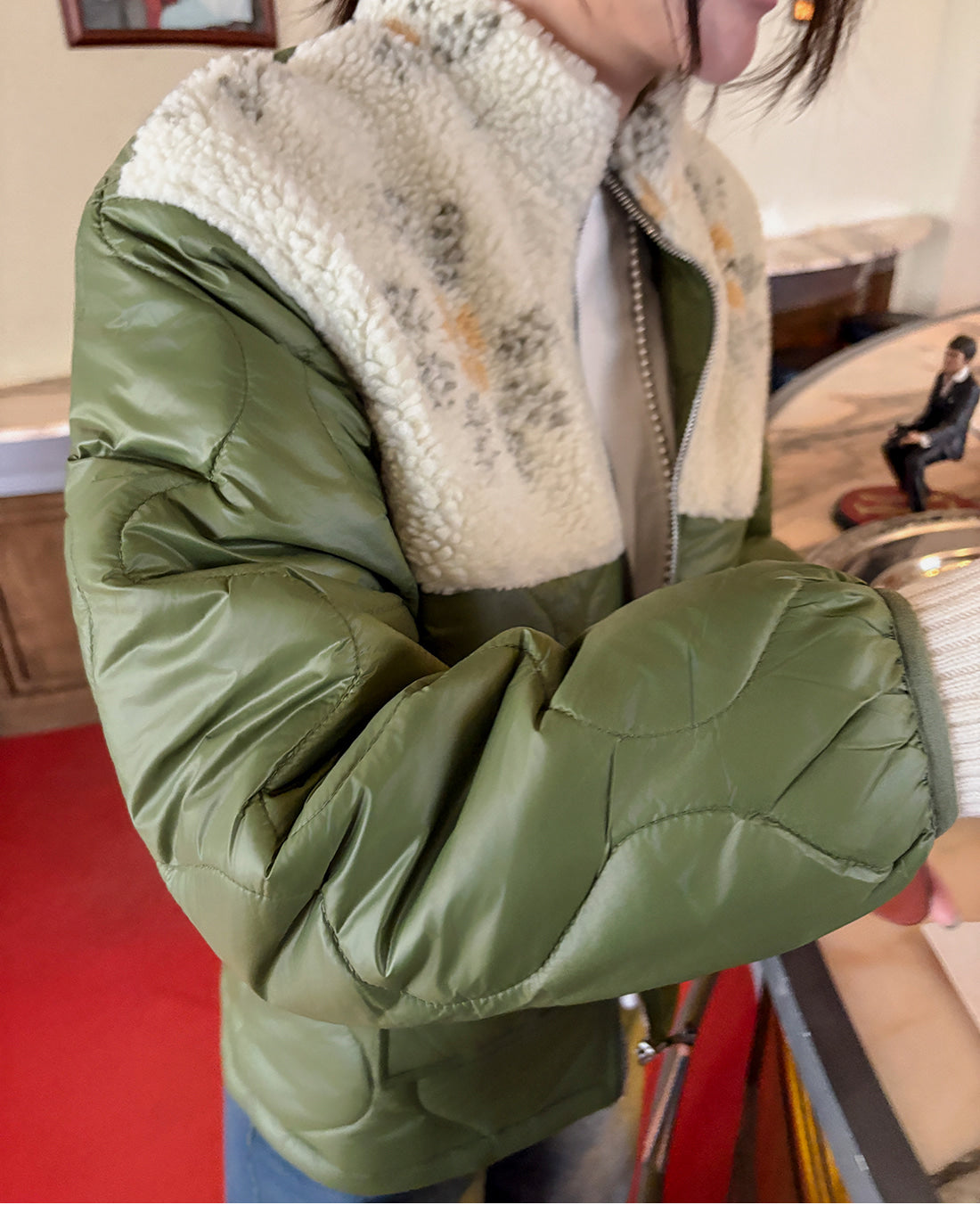 Women's Olive Green Quilted Jacket with Floral Shearling Panel