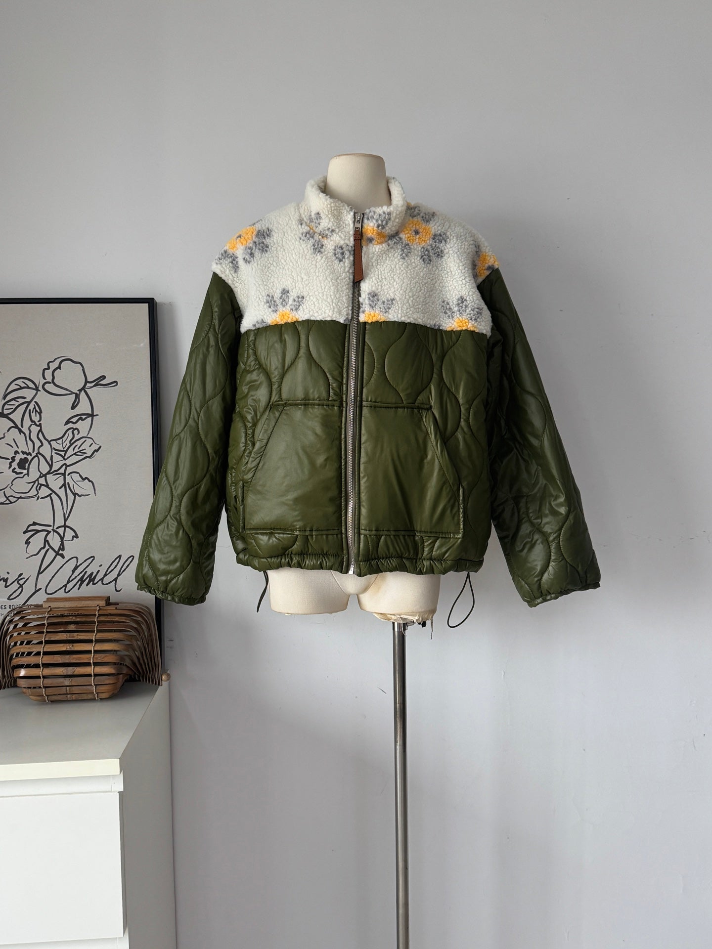 Women's Olive Green Quilted Jacket with Floral Shearling Panel
