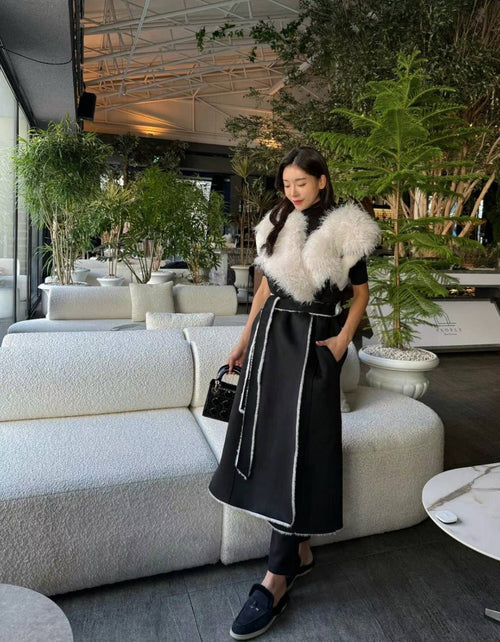 Ladies Faux Fur Collar Contrast Color Belted Sleeveless Suede Long Coat