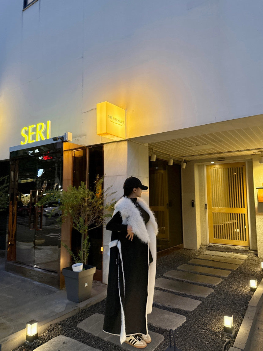 Ladies Faux Fur Collar Contrast Color Belted Sleeveless Suede Long Coat