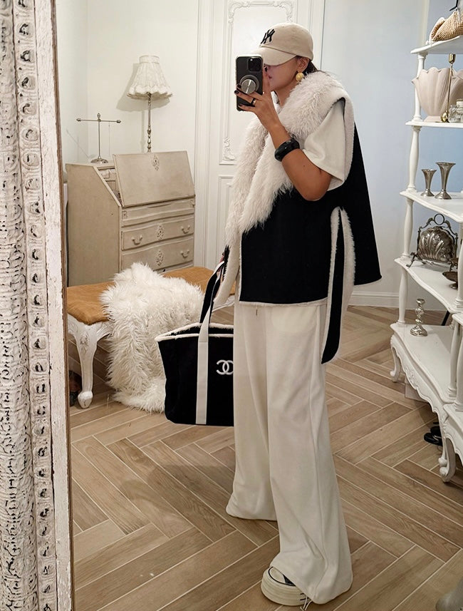 Ladies Faux Fur Collar Color-Blocking Belted Short Sleeveless Vest