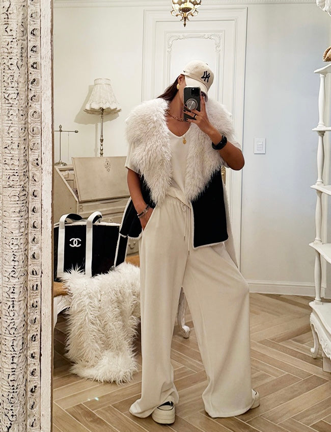 Ladies Faux Fur Collar Color-Blocking Belted Short Sleeveless Vest