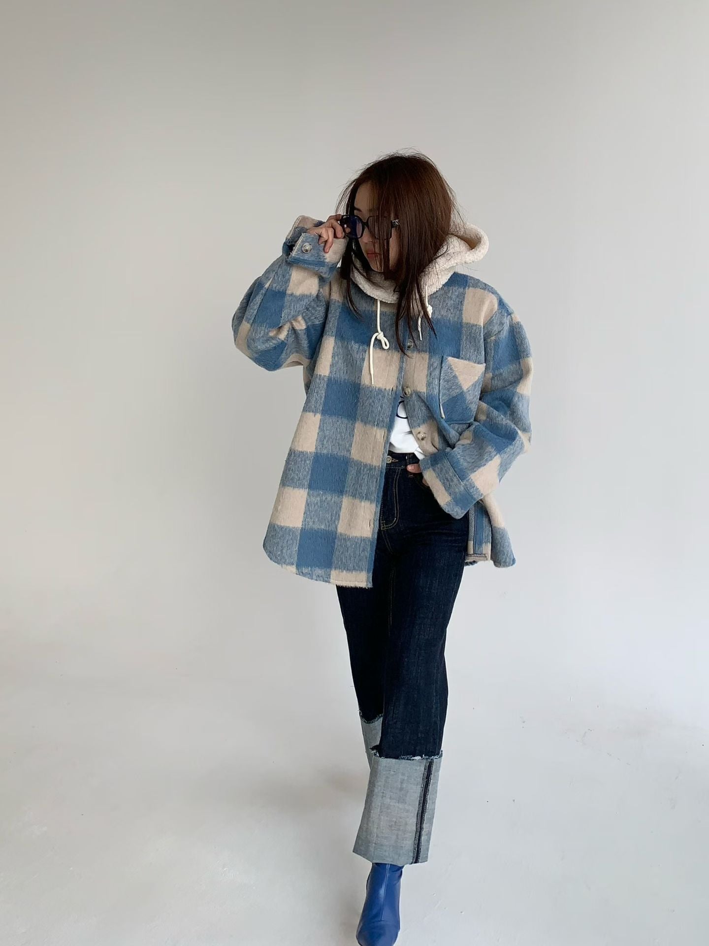Ladies Plaid Pattern Sherpa Lined Hooded Long-Sleeve Coat