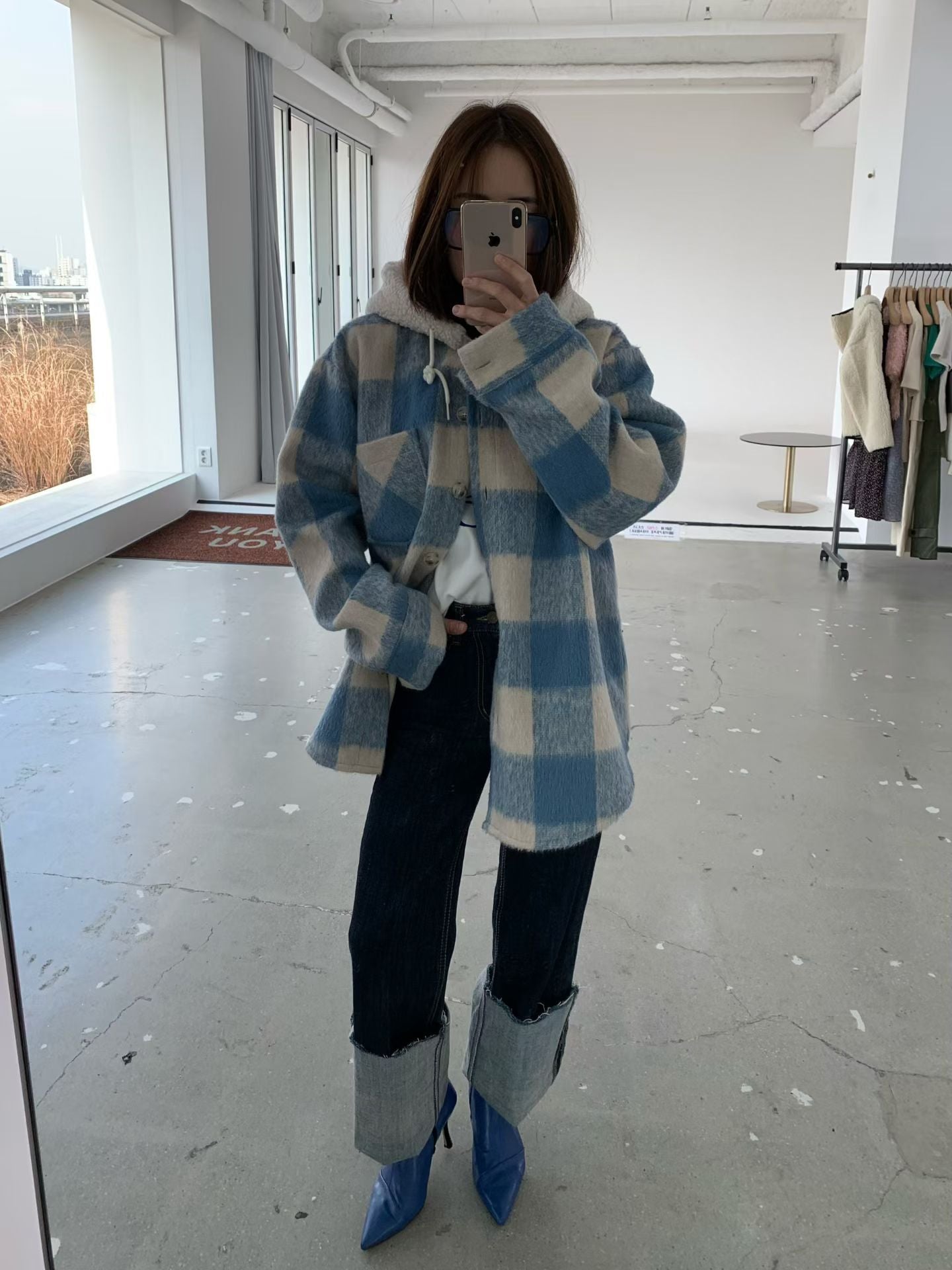 Ladies Plaid Pattern Sherpa Lined Hooded Long-Sleeve Coat