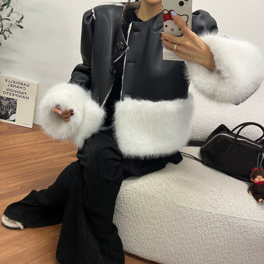 Ladies Faux Shearling Contrast Cropped Jacket (Faux Leather & Faux Fur)