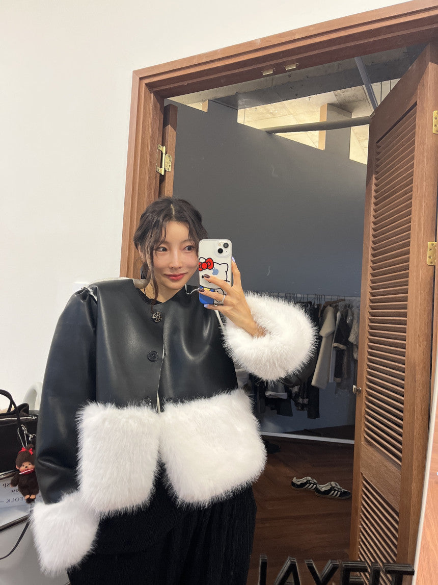 Ladies Faux Shearling Contrast Cropped Jacket (Faux Leather & Faux Fur)