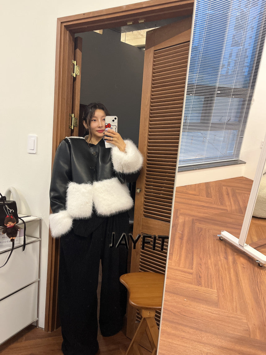 Ladies Faux Shearling Contrast Cropped Jacket (Faux Leather & Faux Fur)