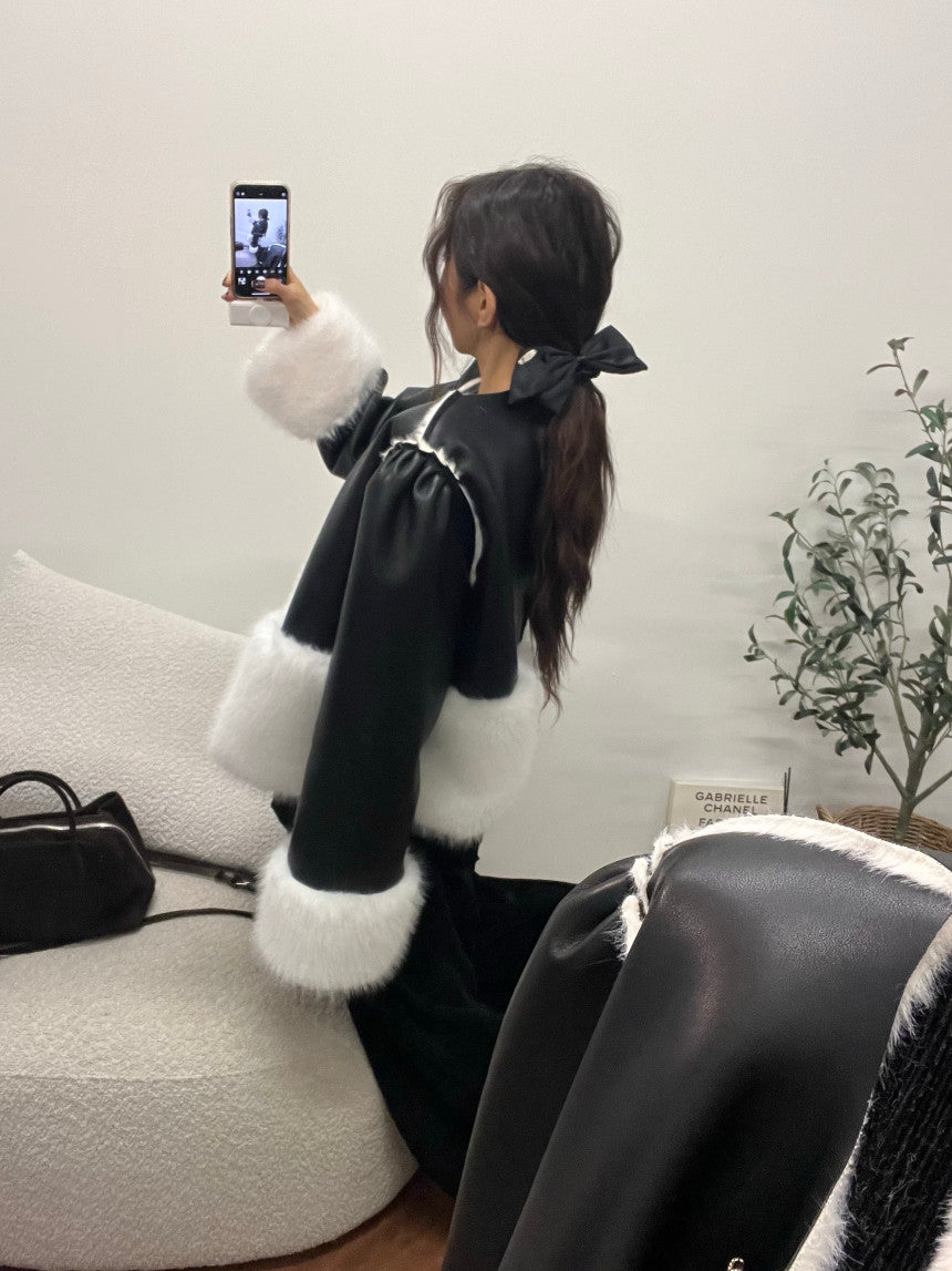 Ladies Faux Shearling Contrast Cropped Jacket (Faux Leather & Faux Fur)