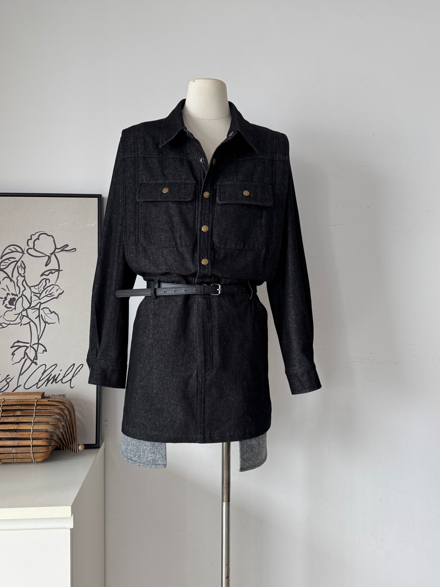 Ladies Black Denim Shirt Dress with Contrast Hem