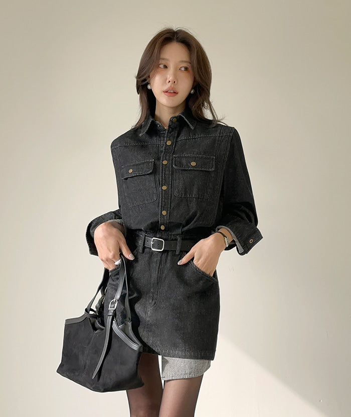 Ladies Black Denim Shirt Dress with Contrast Hem