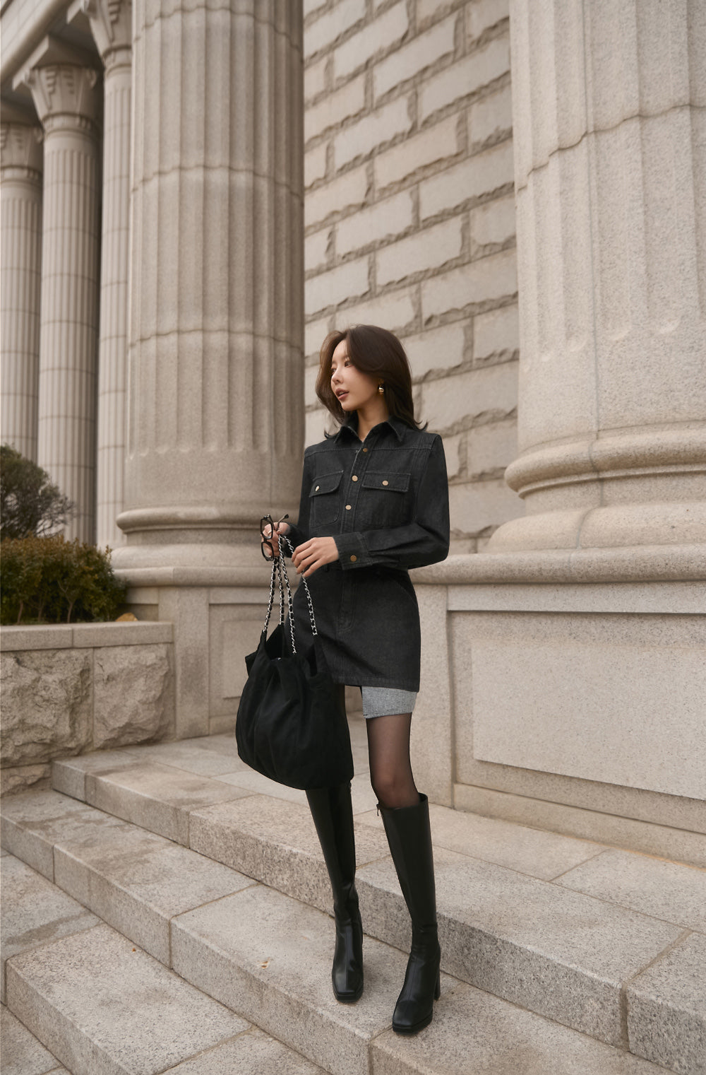 Ladies Black Denim Shirt Dress with Contrast Hem